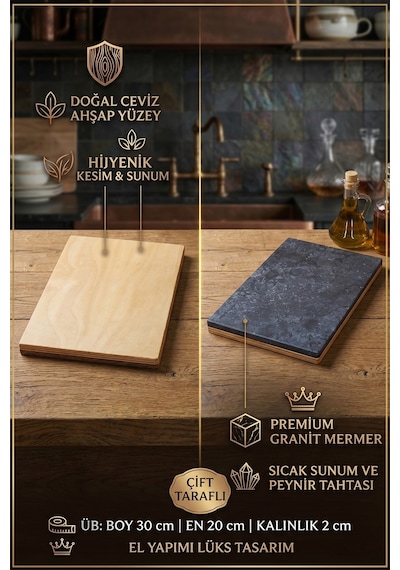 Çift Taraflı Kesme Tahtası Sağlam Ahşap Ve Granit Mermer Tam
