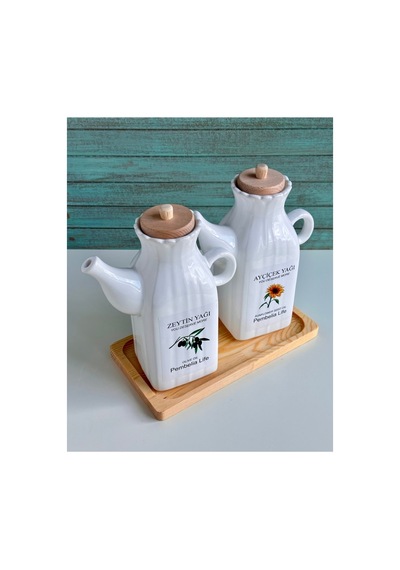 Bambu Standlı Etiketli Kare 2 Li Porselen 1000 Ml Yağdanlık Seti Yağlık Takımı Beyaz Beyaz