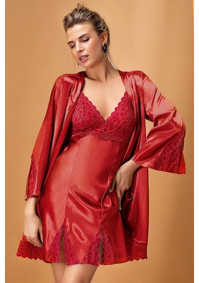Nurteks Saten Bordo Kimono Takım 5325 Bordo