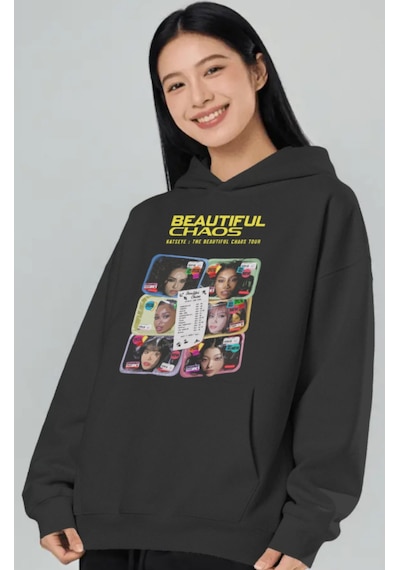 Sevbano Katseye Beautiful Chaos Kpop Müzik Grubu Ön Baskılı Unisex Oversi Siyah