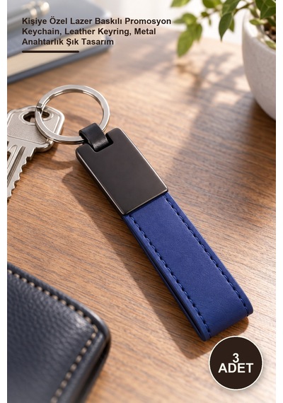 3 Adet Lacivert Deri Metal Anahtarlık Kişiye Özel Lazer Baskılı Promosyon Keychain, Leather Keyring, Metal Anahtarlık Şık Tasarım