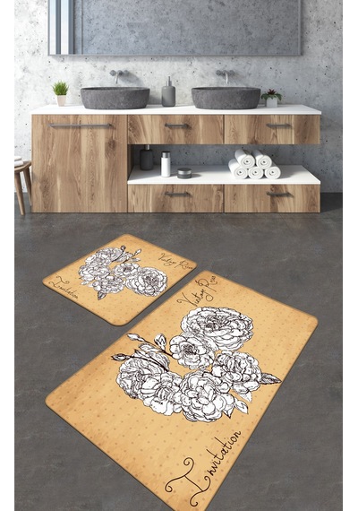 Vintage Roses  2 Li Set Djt Banyo Halısı Kaymaz Tabanlı Klozet Takımı Paspas Seti Bej