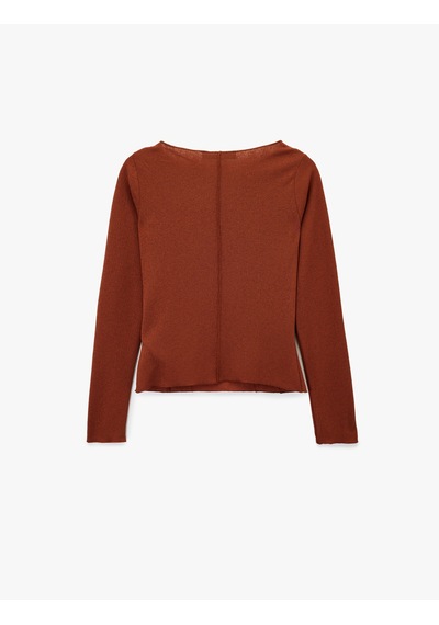Koton Slim Fit Uzun Kollu Kayık Yuvarlak Yaka Dikiş Detaylı Tişört Kiremit 6wak50146ek Terracotta