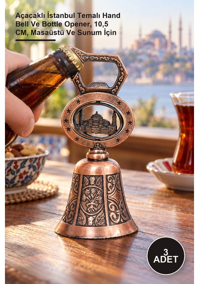 3 Adet El Çanı Açacaklı İstanbul Temalı Hand Bell Ve Bottle Opener, 10,5 Cm, Masaüstü Ve Sunum İçin
