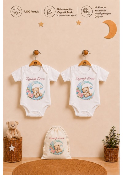 Pia Baby İsimli Kız Bebek Hediye Seti 2 Adet %100 Pamuk Organik Baskılı Çıtçıtlı Body Zıbın Ve Ham Bez Kıyafet Kesesi 1117b2k3x Ekru