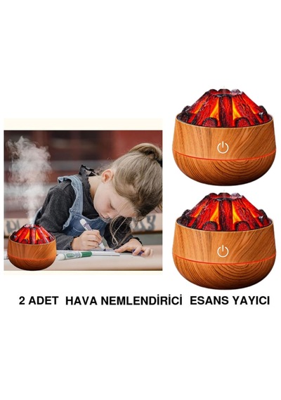 2 Adet Şömine Tasarımlı Usb Lı Led Aydınlatmalı Hava Nemlendirici,aromaterapik Hava Difüzörü,buhurdanlık,,sis Spreyli Gece Lambası, 300 Ml 10x10x10,3cm Açık Kahverengi