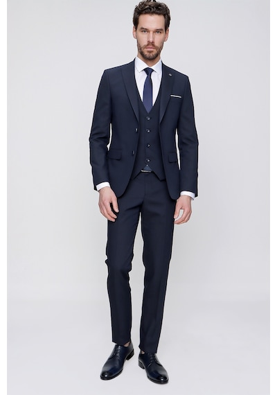 Morven Lacivert Yelekli Jakarlı Slim Fit Dar Kesim 6 Drop Erkek Takım Elbise Lacivert