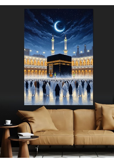 Ay Işığı Altında Kabe Görseli Dekoratif Kanvas - Mdf Ahşap Tablo