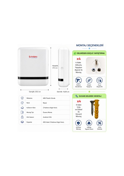 Mulpex Z Katlama Kağıt Havlu Dispenseri Beyaz 400 Yaprak Kapasiteli Abs Duvar Tipi