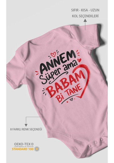 Morivokids Annem Süper Ama Babam Bi Tane Kısa Kollu Bebek Body %100 Pamuk Koyu Pembe