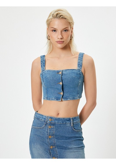Koton Koton X Melis Ağazat - Kot Crop Büstiyer Düğmeli Askılı Orta İndigo 4sal30045md