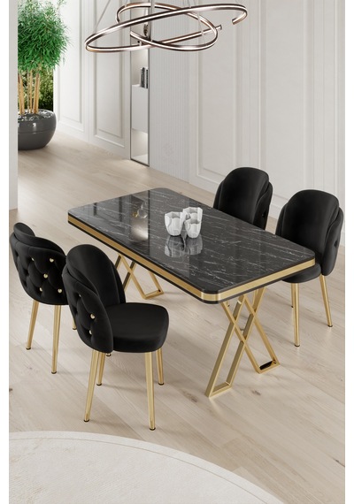 Canisa Rigel Serisi 80x130 Lak Panel Siyah Mermer Desen Masa Takımı Gold Ayaklı 4 Siyah Sandalye Masa Siyah Mermer Desen Sandalye Siyah