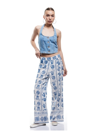 Koton Beli Lastikli Çiçekli Geniş Paça Viskon Pantolon Mavi Desenli 5sal40069ıw