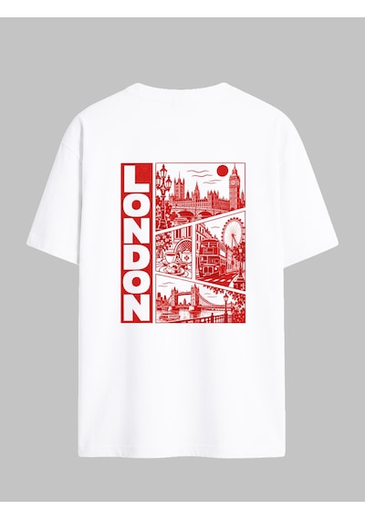 Black Nova Oversize Baskılı Unisex Tişört London Stamp Beyaz
