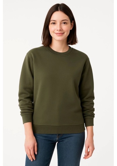 Valensdesign Üç İplik Düz Bisiklet Yaka Sweatshirt - Haki