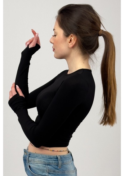 Kadın Bisiklet Yaka Parmak Detaylı Spor Body Basic Soft Touch Spor Crop Siyah