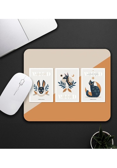 Baskılı Kupa & Bej Ve Turuncu Renk Geyik Ve Kedi Motifli Mouse Pad 23x19cm Fare Altlığı Kaydırmaz Ta Mousepad