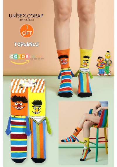1 Çift Edi İle Büdü Desenli Tüylü Unisex Çorap Topuksuz Mıknatıslı El Ele Tutuşan Çok Renkli