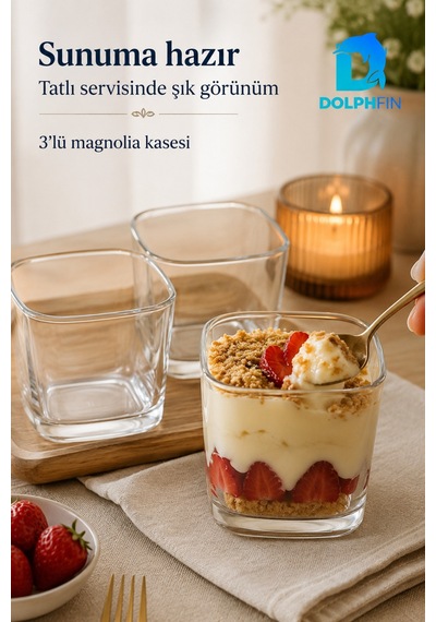 3 Lü Cam Magnolia Kasesi 8x8 Cm Kare Tatlı Sunum Kase Seti Şeffaf
