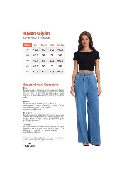 Tudors Kadın Relax Fit Rahat Kesim %100 Pamuk Beli Bağcıklı Lastikli Denim Efektli Açık Mavi Palazzo Pantolon-50830 Tudors Kadın Relax Fit Rahat Kesim %100 Pamuk Beli Bağcıklı Lastikli Denim Efektli Açık Mavi Palazzo Pantolon-50830