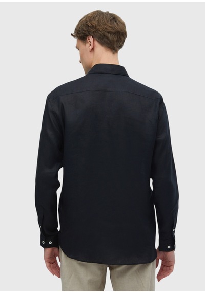 Ramsey Siyah Düz Casual Fit Uzun Dokuma Casual %100 Keten Gömlek