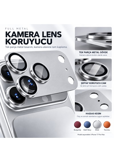 Premium Metal Lens Koruyucu İphone 17/18 Pro Max İle Uyumlu Silver