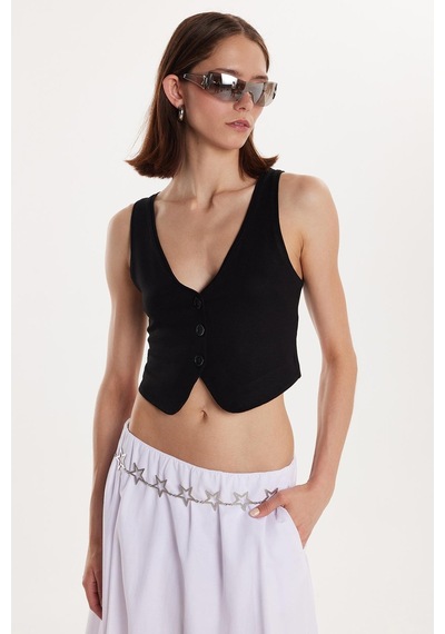 Tudors Kadın Regular Fit Sıfır Kol V Yaka Düğmeli Siyah Yelek-34318 Siyah