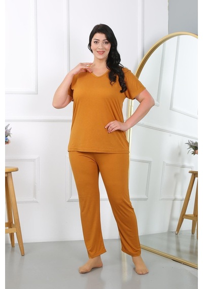 Akbeniz Kadın Büyük Beden Kısa Kol Penye Pijama Takımı Hardal 202405-hardal Hardal