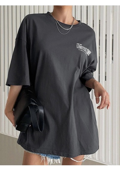 Flood Of Style Kadın Füme Oversize Limited Time Baskılı Tshirt Gri