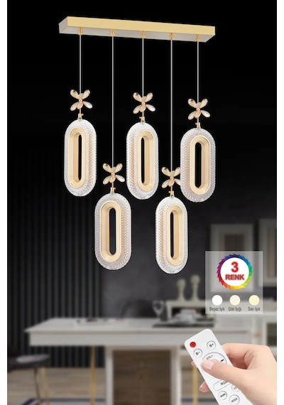 İstanbul Avize Led Alfa 5'li Sıralı Gold 3 Renk Ledli Kumandalı Yemek Masası Mod