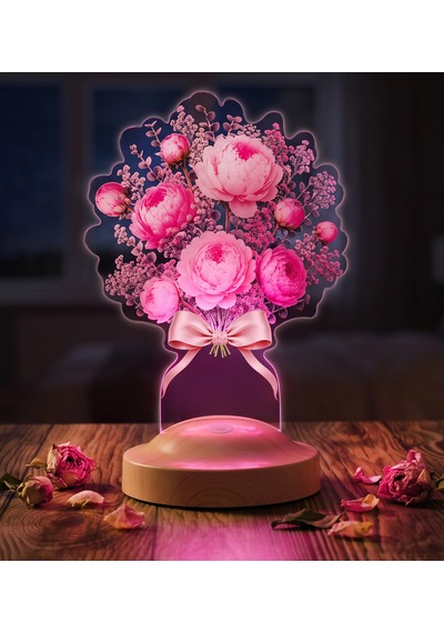 Pembe Şakayık Çiçek Buketi Led Lamba, Anneye, Sevgiliye Ve Kadına Zarif Hediye, Şık Peony Şakayık Aranjmanı Pembe Şakayık Lamba