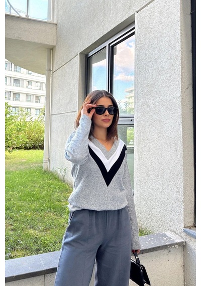 WeShaya Kadın Gri Uzun Kollu V Yaka Color Block Bluz Sweatshirt & Pamuklu Kazak Gri