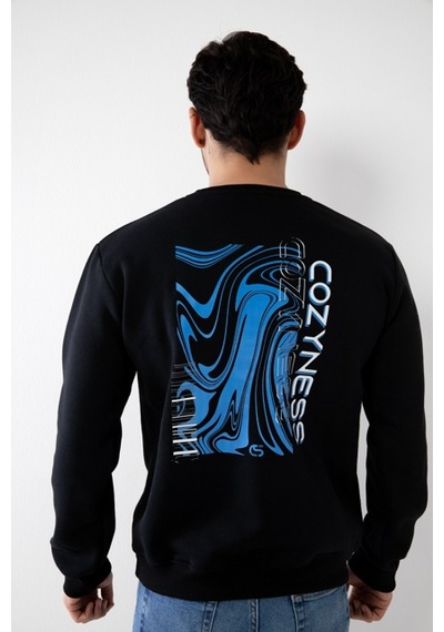 Erkek Siyah Renk Kapşonsuz Baskılı Sweatshirt Siyah