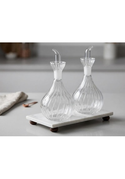 2 Adet 900 Ml Borosilikat Tombul Çizgili Cam Yağdanlık Ve Mermer Stantlı Yağlık Sirkelik Seti Şeffaf