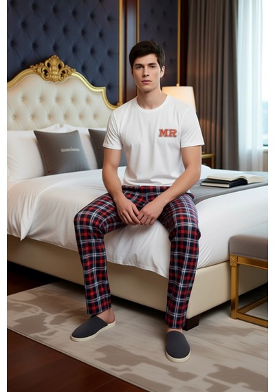 Frm Erkek Baskılı Bisiklet Yaka Ekose Pijama Takımı Fonksiyonel Dayan Ekru