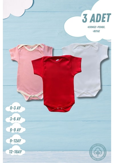 Betül Bebek Kısa Kollu 3'lü Organik Pamuk Çıtçıtlı Bebek Body&zıbın Kırmızı,pembe,beyaz Çok Renkli