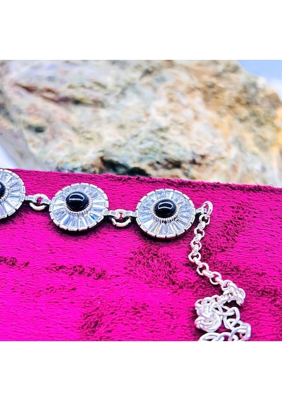 Yuvarlak Model Zirkon Ve Oltu Taşı İşçilikli 925 Ayar Gümüş Bileklik Gümüş  - Siyah