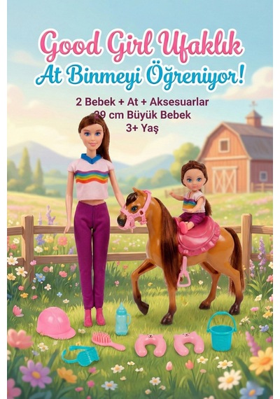 Good Girl 2'li Oyuncak Bebek Ve At Binicilik Seti - 29cm Büyük Bebek, Küçük Bebek, Pembe Yeleli Pony S