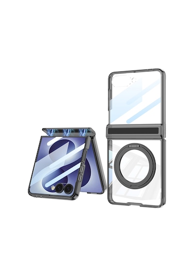Samsung Galaxy Uyumlu Z Flip 8 Kılıf M-safe Şarj Özellikli Şeffaf Ring Standlı Kapak Kpt-05 Siyah