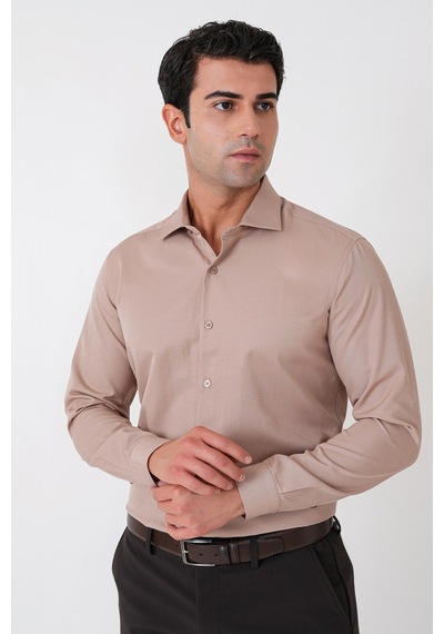 Slim Fit Pamuk Saten Klasik Bej Gömlek Gk 604