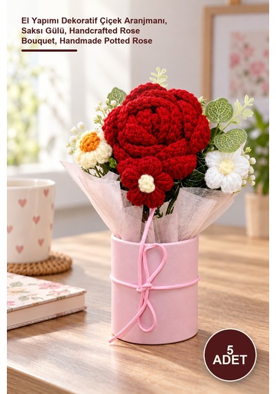 5 Adet El Örgüsü Saksıda Gül Buketi El Yapımı Dekoratif Çiçek Aranjmanı, Saksı Gülü, Handcrafted Rose Bouquet, Handmade Potted Rose 1