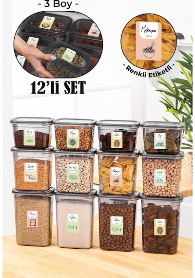 Vienev Renkli Etiketli Peggy Dikdörtgen Saklama Kabı Seti Antrasit 12'Li 4 x (1500 - 1150 - 800 ML) Antrasit