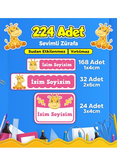 Sevimli Zürafa Temalı Okul Kreş Kişiye Özel İsim Etiket Seti - Model 142 Çok Renkli