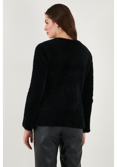 Lela Premium Regular Fit V Yaka Çift Kemerli Peluş Bayan Hırka 680Hi00112 Siyah