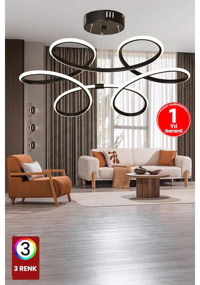 Fuzon 3 Renk Kumandalı Salon Orkide Ledli Avize Büyük Siyah
