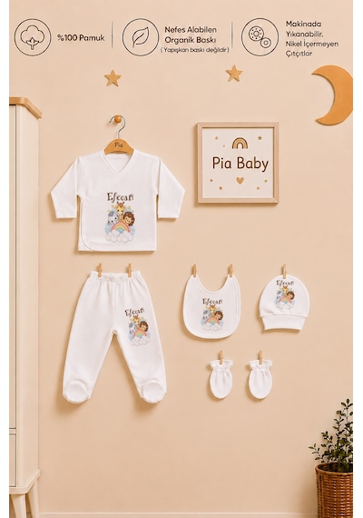 Pia Baby İsme Özel Erkek Bebek 5 Parça Zıbın Seti Kişiye Özel %100 Pamuk Organik Baskı 1044z3x Krem