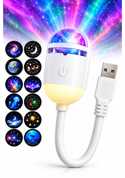 12 Lensli Usb Galaksi Projeksiyon Gece Lambası Yıldızlı Gökyüzü Ortam Aydınlatması Esnek Boyunlu Beyaz