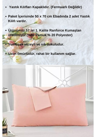 Pudra Renkli Pamuklu Ranforce Kumaştan Yastık Kılıfı 2 Adet