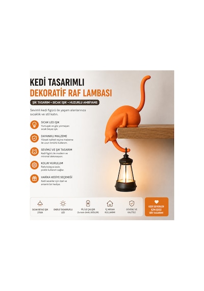 Modern & Şık - Minimalist Kedi Tasarımlı Dekoratif Raf Lambası Gece Lambası Açık 52054541