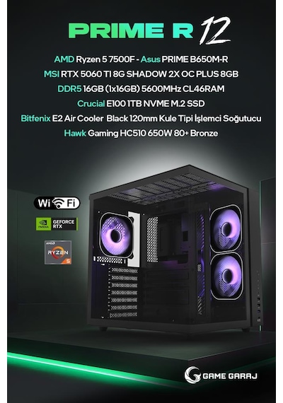 Game Garaj PRIME-R12 R5-7500F 8 GB RTX5060Ti 16 GB 1 TB SSD Free Dos Oem Paket Masaüstü Oyuncu Bilgisayarı